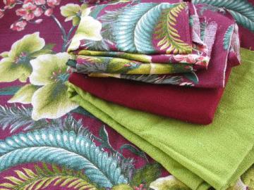 catalog photo of vintage cotton barkcloth fabric, tropical floral print and solid colors