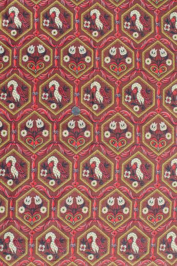 photo of vintage cotton barkcloth fabric with birds in chartreuse and red on brown #1