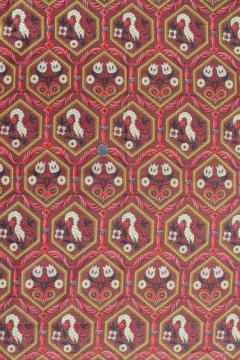 catalog photo of vintage cotton barkcloth fabric with birds in chartreuse and red on brown