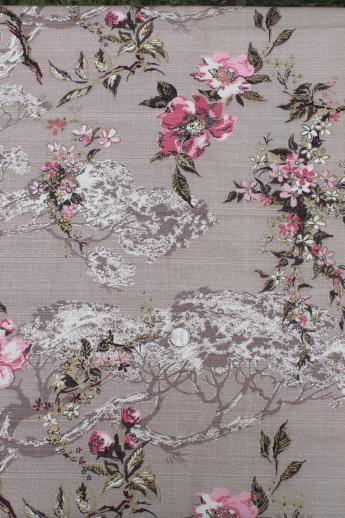 photo of vintage cotton barkcloth remnant fabric, pink cherry blossoms print on greige #1