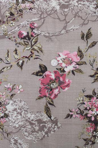 photo of vintage cotton barkcloth remnant fabric, pink cherry blossoms print on greige #2