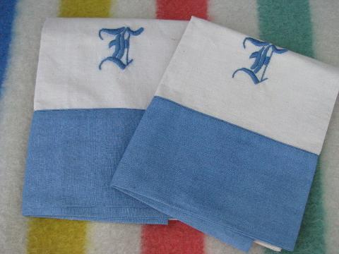 photo of vintage cotton bed linens, lot embroidered monogram pillowcases w/blue #4