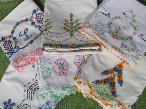 photo of vintage cotton bed linens, lot embroidered pillowcases w/crocheted lace #1