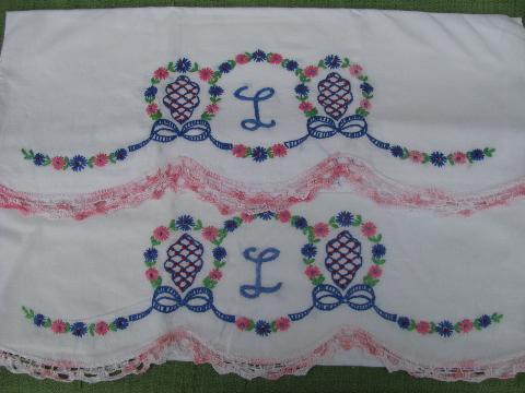 photo of vintage cotton bed linens, lot embroidered pillowcases w/crocheted lace #5