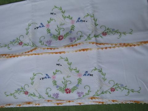 photo of vintage cotton bed linens, lot embroidered pillowcases w/crocheted lace #7