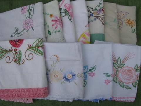 photo of vintage cotton bed linens, lot embroidered pillowcases w/crocheted lace #1