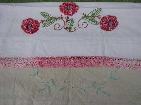 photo of vintage cotton bed linens, lot embroidered pillowcases w/crocheted lace #3