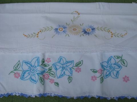 photo of vintage cotton bed linens, lot embroidered pillowcases w/crocheted lace #4