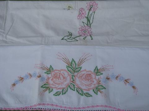 photo of vintage cotton bed linens, lot embroidered pillowcases w/crocheted lace #5