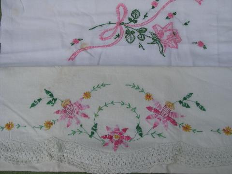 photo of vintage cotton bed linens, lot embroidered pillowcases w/crocheted lace #6