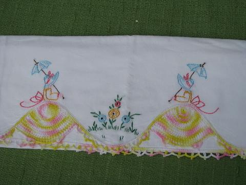 photo of vintage cotton bed linens, lot embroidered pillowcases w/crocheted lace #7