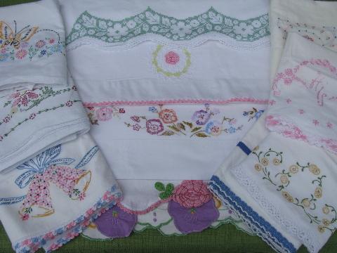 photo of vintage cotton bed linens, lot embroidered pillowcases w/crocheted lace #1