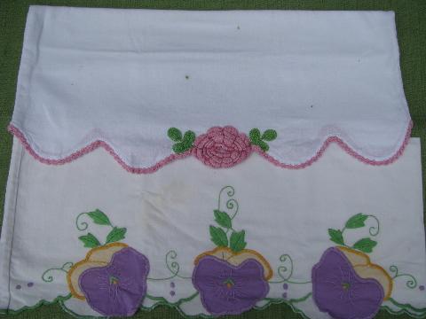 photo of vintage cotton bed linens, lot embroidered pillowcases w/crocheted lace #2