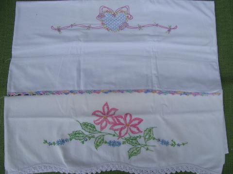 photo of vintage cotton bed linens, lot embroidered pillowcases w/crocheted lace #3