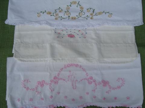 photo of vintage cotton bed linens, lot embroidered pillowcases w/crocheted lace #5