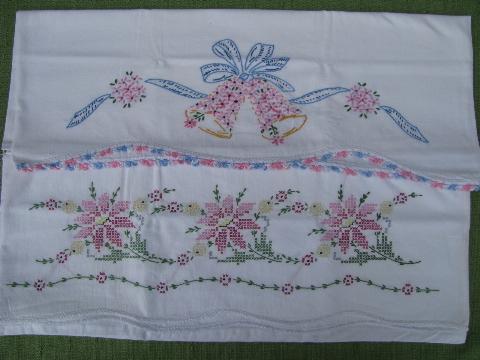 photo of vintage cotton bed linens, lot embroidered pillowcases w/crocheted lace #7