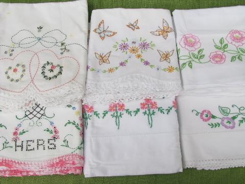 photo of vintage cotton bed linens, lot embroidered pillowcases w/crocheted lace #1