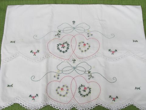 photo of vintage cotton bed linens, lot embroidered pillowcases w/crocheted lace #2