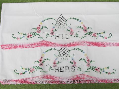 photo of vintage cotton bed linens, lot embroidered pillowcases w/crocheted lace #3