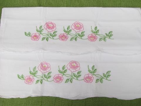 photo of vintage cotton bed linens, lot embroidered pillowcases w/crocheted lace #6