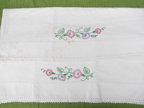 photo of vintage cotton bed linens, lot embroidered pillowcases w/crocheted lace #7