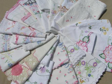 photo of vintage cotton bed linens, lot embroidered pillowcases w/crocheted lace #1