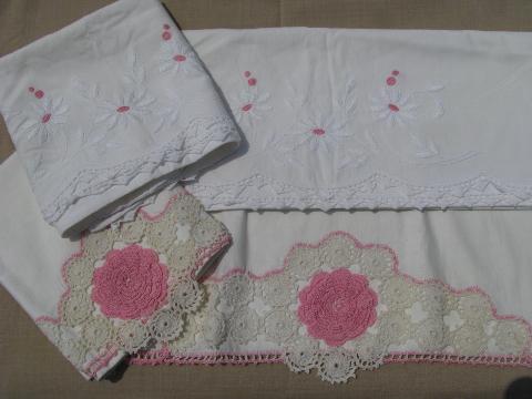 photo of vintage cotton bed linens, lot embroidered pillowcases w/crocheted lace #2