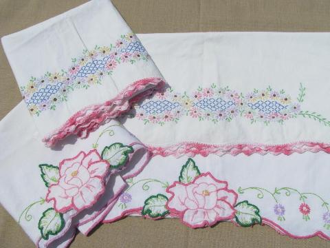 photo of vintage cotton bed linens, lot embroidered pillowcases w/crocheted lace #3