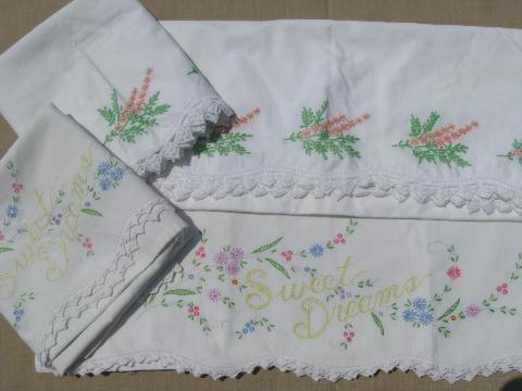 photo of vintage cotton bed linens, lot embroidered pillowcases w/crocheted lace #4