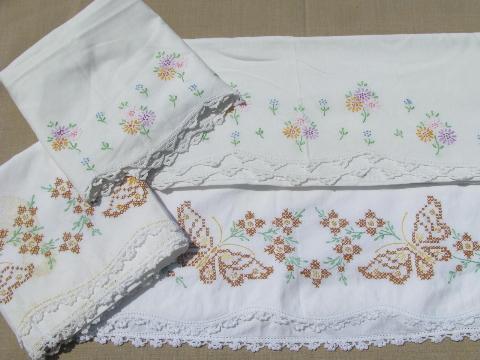 photo of vintage cotton bed linens, lot embroidered pillowcases w/crocheted lace #5