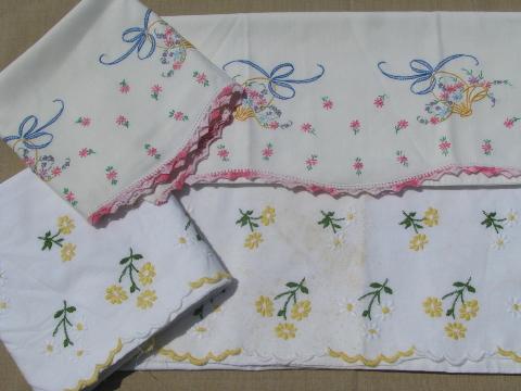 photo of vintage cotton bed linens, lot embroidered pillowcases w/crocheted lace #6