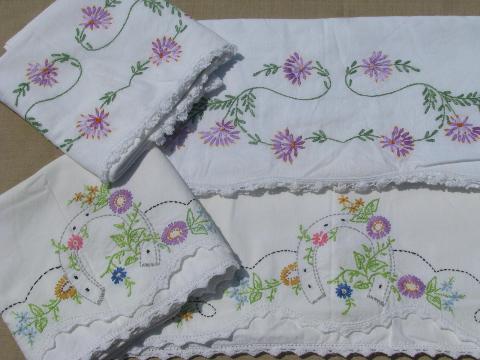 photo of vintage cotton bed linens, lot embroidered pillowcases w/crocheted lace #7