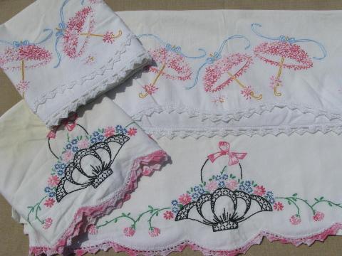 photo of vintage cotton bed linens, lot embroidered pillowcases w/crocheted lace #8