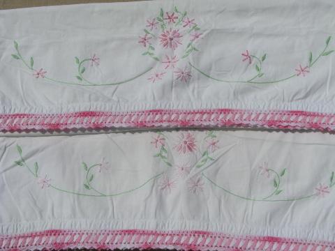 photo of vintage cotton bed linens, lot embroidered pillowcases w/crocheted lace #9