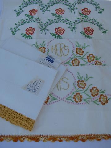 photo of vintage cotton bed linens, lot of embroidered pillowcases w/ crocheted lace #1