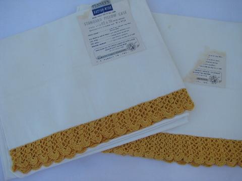 photo of vintage cotton bed linens, lot of embroidered pillowcases w/ crocheted lace #2