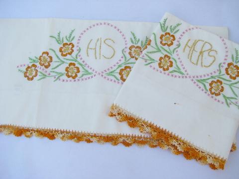 photo of vintage cotton bed linens, lot of embroidered pillowcases w/ crocheted lace #3