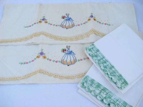 photo of vintage cotton bed linens, lot of embroidered pillowcases w/ crocheted lace #1