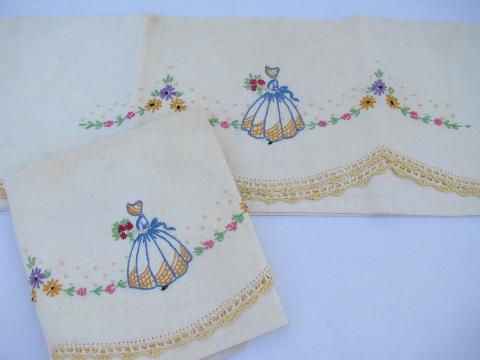 photo of vintage cotton bed linens, lot of embroidered pillowcases w/ crocheted lace #2