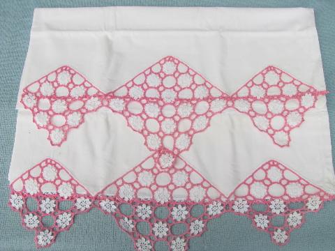 photo of vintage cotton bed linens, pillowcases w/colored crochet thread lace #2