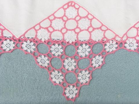 photo of vintage cotton bed linens, pillowcases w/colored crochet thread lace #3