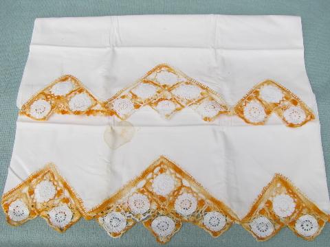 photo of vintage cotton bed linens, pillowcases w/colored crochet thread lace #4