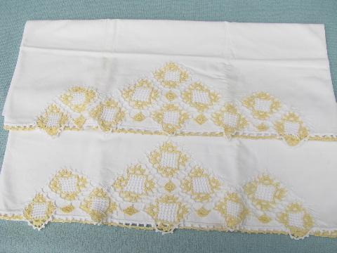 photo of vintage cotton bed linens, pillowcases w/colored crochet thread lace #6