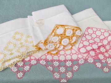 catalog photo of vintage cotton bed linens, pillowcases w/colored crochet thread lace