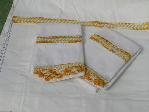 photo of vintage cotton bed linens, pillowcases & sheets w/colored crochet lace #3