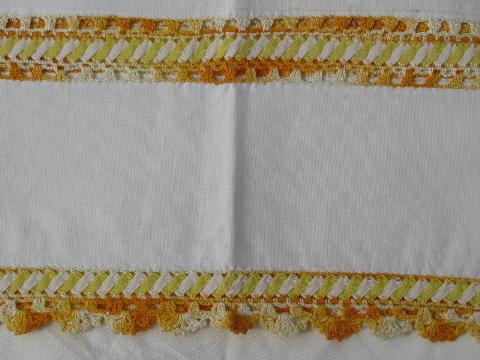 photo of vintage cotton bed linens, pillowcases & sheets w/colored crochet lace #4