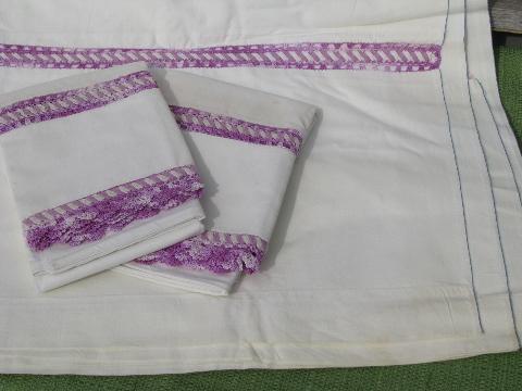 photo of vintage cotton bed linens, pillowcases & sheets w/colored crochet lace #5