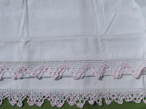 photo of vintage cotton bed linens, pillowcases & sheets w/colored crochet lace #7