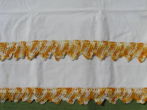 photo of vintage cotton bed linens, pillowcases & sheets w/colored crochet lace #8