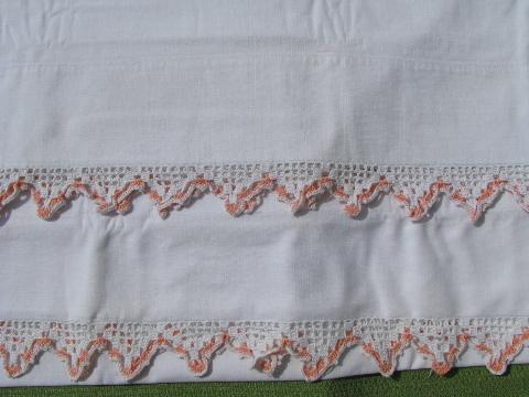 photo of vintage cotton bed linens, pillowcases & sheets w/colored crochet lace #9